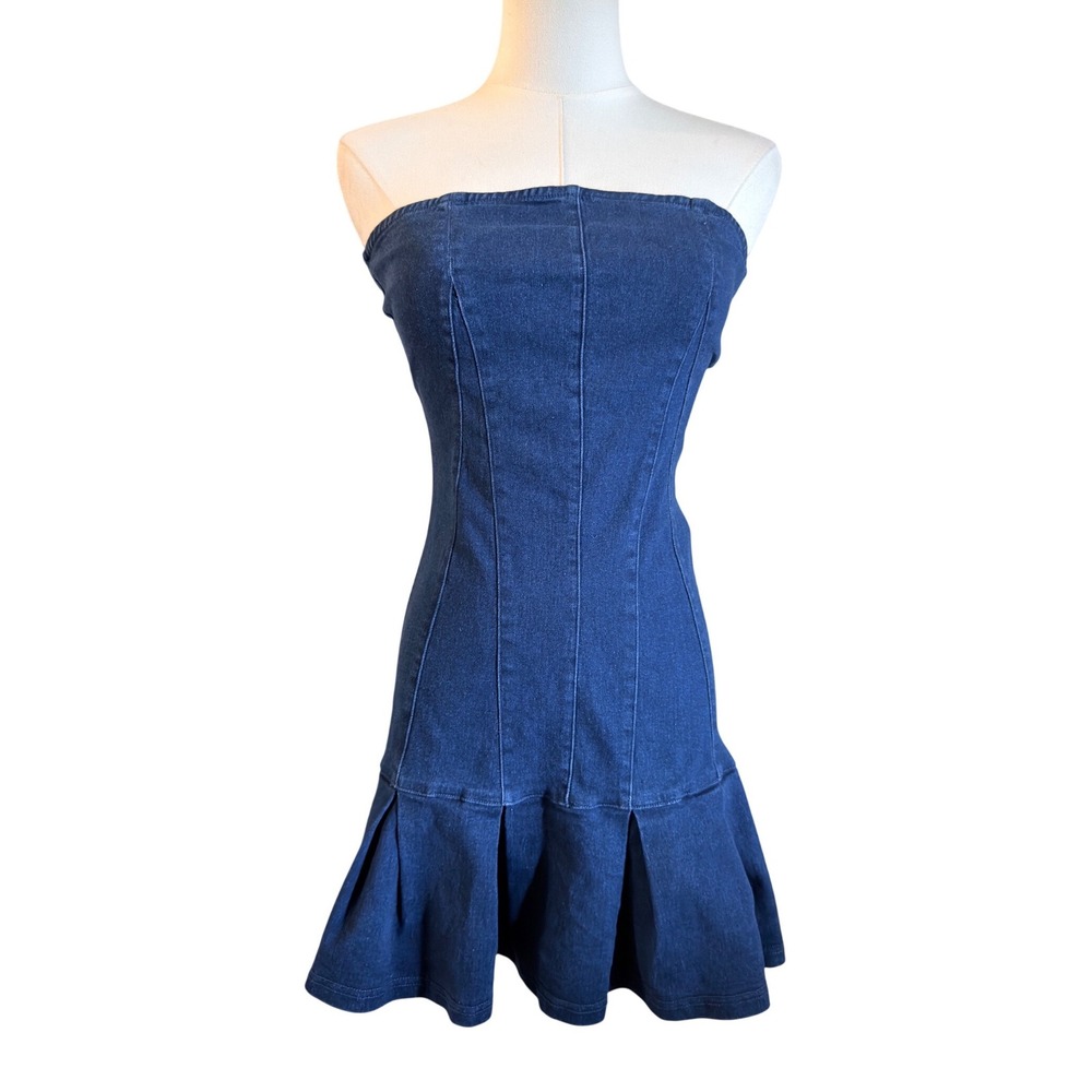 Blue Blush Denim Strapless Corset Mini Dress Pleated Y2K Western Size S